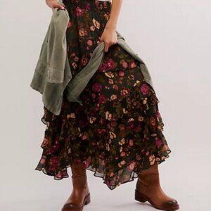 Free People Lolita Maxi Skirt Floral Printed Smocked Tiered S